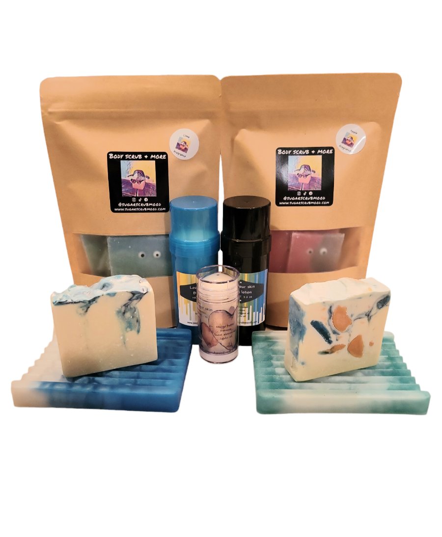 Scrub, soap, lotion & lip balm